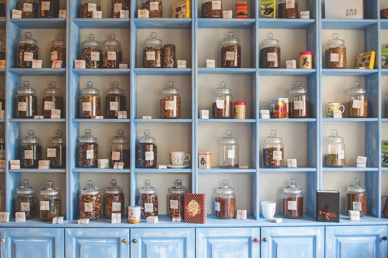 apothecary jars on shelves