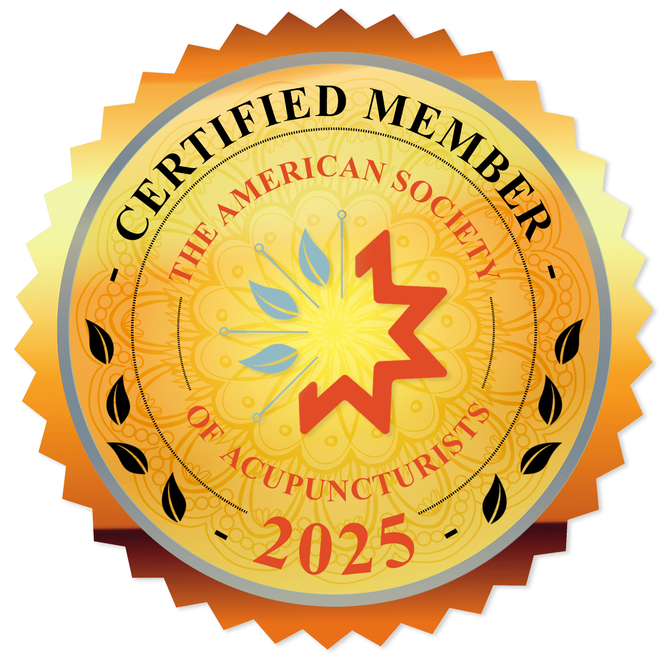 Gold Badge that says "Certified Member: The American Society of Acupuncturists 2025"